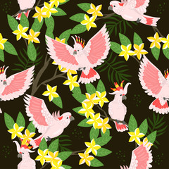 Seamless pattern with cockatoo and flowers. Vector graphics. © Екатерина Зирина