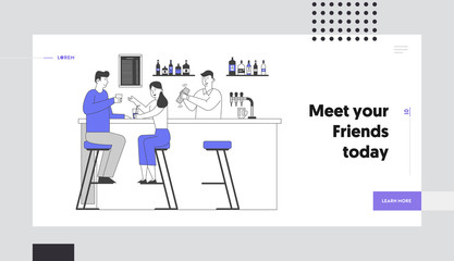 People Visiting Night Club Website Landing Page. Couple Drinking Alcohol Beverages on Bar Counter with Barman Making Cocktail in Restaurant Web Page Banner. Cartoon Flat Vector Illustration, Line Art