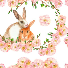 Watercolor hand painted nature floral wild animals composition seamless pattern with pink apple blossom flowers, green leaves, beige and ginger rabbits animals pair on the white background