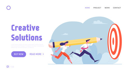 Businesspeople Achieve Goal Website Landing Page. Couple of Cheerful Business Man and Woman Characters Trowing Huge Pen to Target.Workers Career Boost Web Page Banner. Cartoon Flat Vector Illustration
