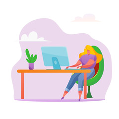 Vector woman at desk remote work office job