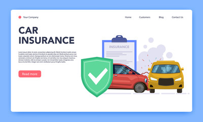 Vehicles insurance. Responsible car insurance mobile application from damage and accident crash, car insurance contract service vector web landing page flat template