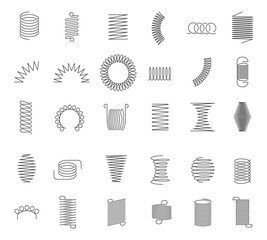 Metal spiral spring. Metallic coils, motor machine spiral sign, wire springs and steel curved flexible coils. Linear spirals silhouette isolated vector industrial twisted icons set - obrazy, fototapety, plakaty