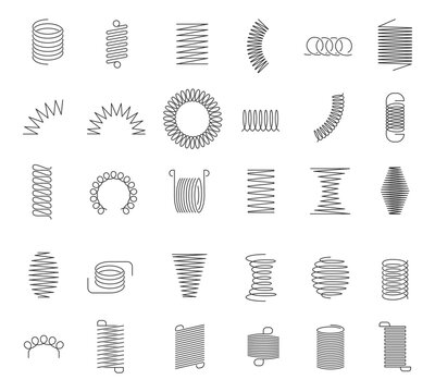 Metal spiral spring. Metallic coils, motor machine spiral sign, wire springs and steel curved flexible coils. Linear spirals silhouette isolated vector industrial twisted icons set