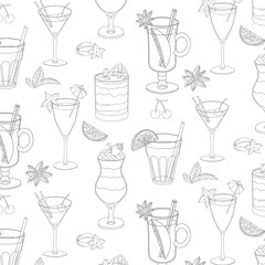 seamless vector pattern with cocktails and ice cream. Monochrome pattern of the elements with stroke on light background. for design of dessert menu, cocktail card, wrapping paper. hand-drawn