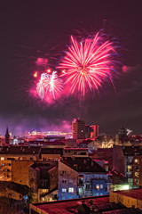 Novi Sad, Serbia January 01, 2020: New Year's fireworks in Novi Sad. Panorama of Novi Sad