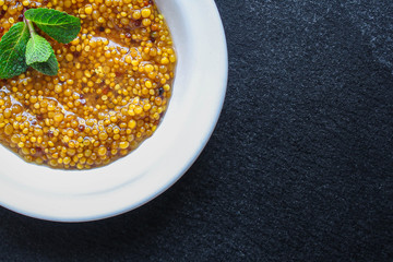 mustard cereal sauce (French or Dijon recipe) menu concept. background. top view. copy space