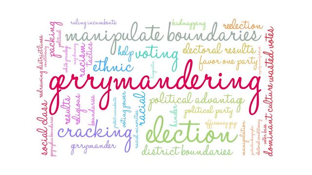 Gerrymandering animated word cloud on a white background. 