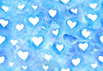 Blue watercolor sky with white hearts - seamles valentine's pattern for wrapping paper or greeting card background