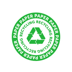 Recycling paper green circle badge with Mobius strip, band or loop. Design element for packaging design and promotional material. Vector illustration.