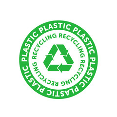 Recycling plastic green circle badge with Mobius strip, band or loop. Design element for packaging design and promotional material. Vector illustration.