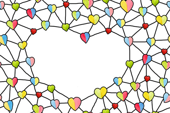 Fototapeta Valentine's heart pattern with space for text, watercolor hearts with black stroke are connected to each other, greeting card, isolated, white background