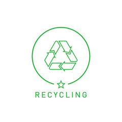 Recycling sign green round line sticker with Mobius strip, band or loop. Design element for packaging design and promotional material. Vector illustration.