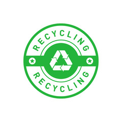 Recycling green circle badge with Mobius strip, band or loop, stars. Design element for packaging design and promotional material. Vector illustration.