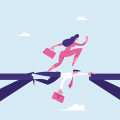 Strongest Will Survive Concept. Businesswoman Careerist Walk on Head of Colleague. Stop at Nothing. Business Woman Overcome Abyss by Back of Businessman like Bridge Cartoon Flat Vector Illustration