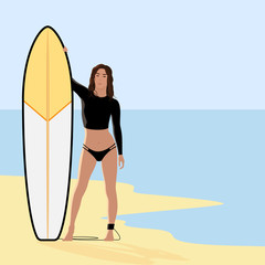 A young tanned girl with long flowing hair in a swimsuit for surfing stands barefoot with a surf on the sand on the ocean shore. Stock vector flat illustration with empty space for Your slogan.