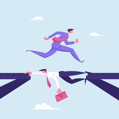 Business Man in Formal Suit Running over Head of Colleague Lying between Broken Bridge Sides, Careerist Businessman Goal Achievement, Strongest will Survive Concept Cartoon Flat Vector Illustration