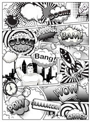 Black and white comic book page divided by lines with speech bubbles, rocket, superhero and sounds effect. Illustration © yayasya