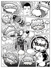 Black and white comic book page divided by lines with speech bubbles, rocket, superhero and sounds effect. Illustration © yayasya
