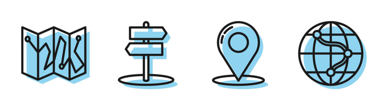 Set Line Map Pin, Folded Map With Location Marker, Road Traffic Sign And Location On The Globe Icon. Vector