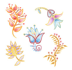 Set of 5 fantasy floral elements in vintage  scandinavian style ,hand drawn watercolor 