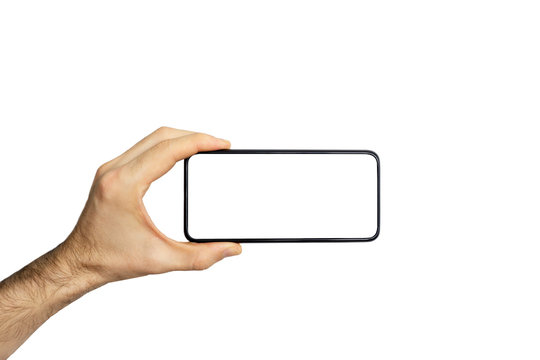 Smartphone (phone) empty screen in a hand. Black smartphone isolated on white background. Blank phone screen for image and design