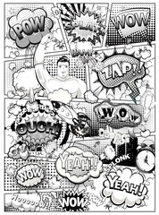 Fototapeta premium Black and white comic book page divided by lines with speech bubbles, rocket, superhero and sounds effect. Illustration