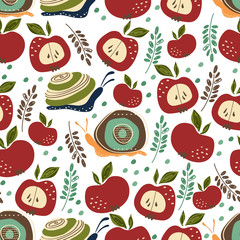 seamless pattern with apple and snail. Vector, illustration.