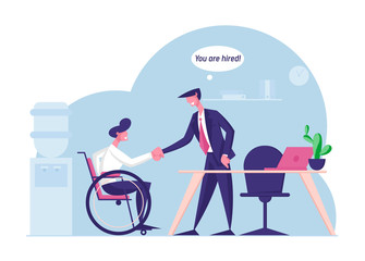Naklejka premium Disability Employment, Work for Disabled People Concept. Handicapped Man Sit in Wheelchair Shaking Hand with Boss or Colleague in Office Introducing with New Workplace Cartoon Flat Vector Illustration