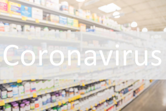 Coronavirus text on blurred image of drug store shelves
