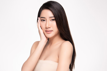 Portrait beautiful young asian woman clean fresh bare skin concept. Asian girl beauty face skincare and health wellness, Facial treatment, Perfect skin, Natural make up, on white background,two