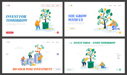 Financial Profit, Investment Website Landing Page Set. Business People Watering Plant in Pot, Collecting Golden Coins and Banknotes from Money Tree Web Page Banner. Cartoon Flat Vector Illustration