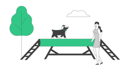 Happy Woman Training Dog in Park or Special Area, Girl Playing with Puppy. Character Spend Time Care of Domestic Animal. Friendship, Active Lifestyle Leisure Cartoon Flat Vector Illustration, Line Art