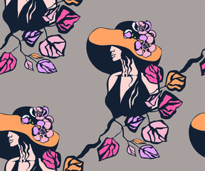 Vector background hand drawn exotic with fashion model. Hand drawn ink illustration. Vector pattern. Print for textile, cloth, wallpaper, scrapbooking