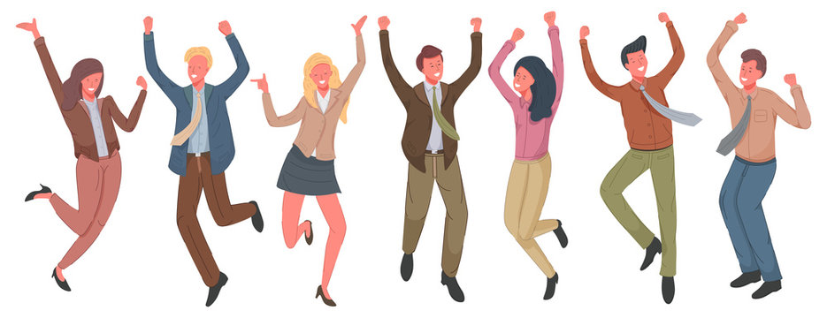  Happy business people jumping illustration. Cheerful employees celebrating victory. 
