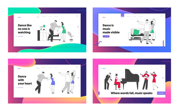 People Active Lifestyle, Leisure and Musical Hobby Spare Time Website Landing Page Set. Man and Woman Dance, Orchestra Perform on Stage Web Page Banner. Cartoon Flat Vector Illustration, Line Art