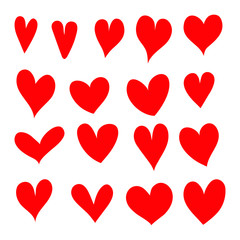 Set of hand drawn red hearts, vector illustration.