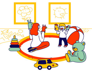 Young Woman Sitting on Floor Playing Puppet Show with Little Toddler Put Toys on Hands. Babysitter Service, Private Kindergarten at Home. Girl Working Nanny Cartoon Flat Vector Illustration, Line Art