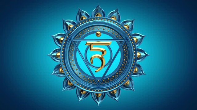 3d vishuddha throat chakra purity spiritual lotus symbol rotating. Looped blue esoteric background. Spinning buddhist mandala seamless animation. Magical oriental sacred geometry ornament loop