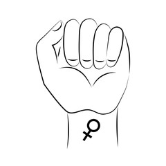 Symbol of feminism raised fist, mirror of venus. Hand with a tattoo. Happy Women's Day. March 8. Logo.