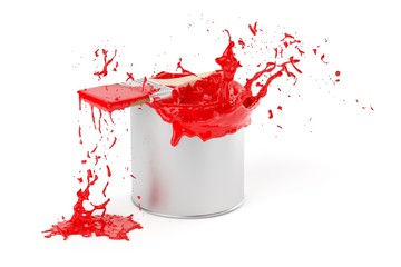 Red paint splashing from silver shiny paint bucket with paint brush on white background © Shawn Hempel