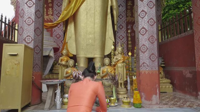 Girl Respect Buddha Statue, Slow Motion