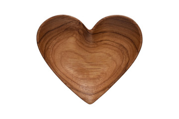 High angle view. Heart wooden plate on white background.