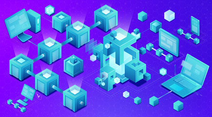 Fototapeta na wymiar Blockchain technology isometric concept banner illustration