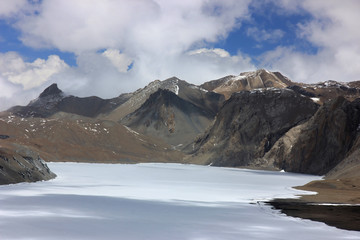 Fototapeta na wymiar Frozen lake in the mountains of Nepal