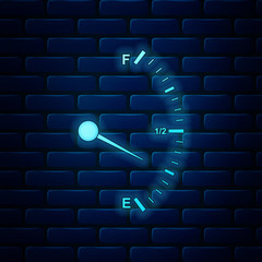 Glowing neon Motor gas gauge icon isolated on brick wall background. Empty fuel meter. Full tank indication. Vector Illustration
