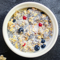oatmeal, delicious and healthy breakfast (portion healthy food) menu concept. background. top view. copy space
