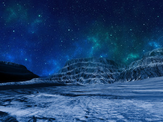 Outer space landscape with alien planet surface, hills, nebula and stars in night sky. 3D rendering.