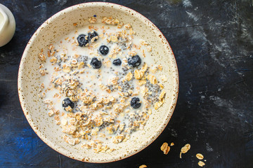oatmeal, delicious and healthy breakfast (portion healthy food) menu concept. background. top view. copy space