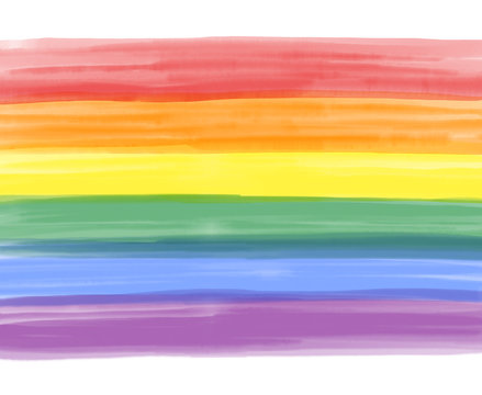 Rainbow LGBT Flag In Bright And Soft Water Colors. Gay Pride Flag Consisting Of Six Horizontal Stripes Arranged One Below The Other In Merging Watercolor Look. Multicolored Illustration Over White.